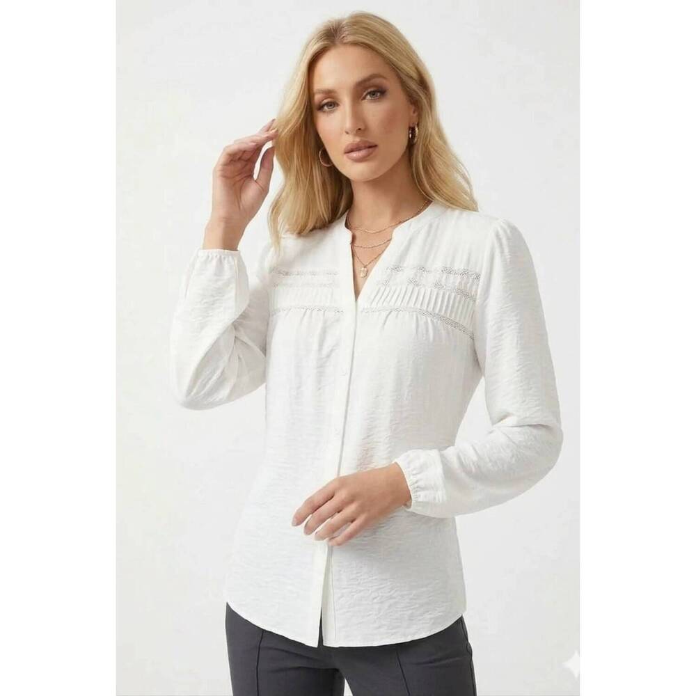 NEW HESTER & ORCHARD pintuck pleated long sleeve blouse in white